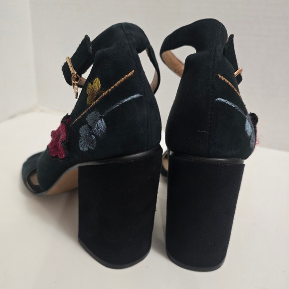 Nanette Lepore Black Suede Embroidered Block Heel Ankle Strap Sandals Women's - Picture 5 of 10